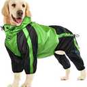 OUOBOB Lightweight Dog Rain Jacket, Adjustable 4-Legs Pet Poncho with Hood, Snow-Proof Dog Vest Rainwear, Rain Clothes Apparel with Leash Hole L-XL