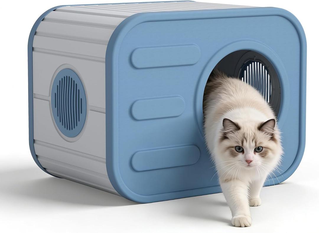 Plastic Outdoor Cat House Weatherproof, Stackable Feral Cat House Outside with Double Louvered Vents, Resin Cat Shelter Waterproof for Outdoor Indoor Use, Blue, 14.3"D x 20.7"W x 15.8"H