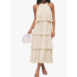 ZESICA Women's 2025 Summer Sleeveless Halter Neck Ruffle Tiered Layed Chiffon Flowy Swing Long Midi Dress, Size M .