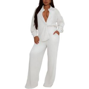 Elainone Women's 2 Piece Outfits Button-Down Shirt Long Sleeve and Flare Pleated Wide Leg Pant Sets With Pocket (Beige, XXL)