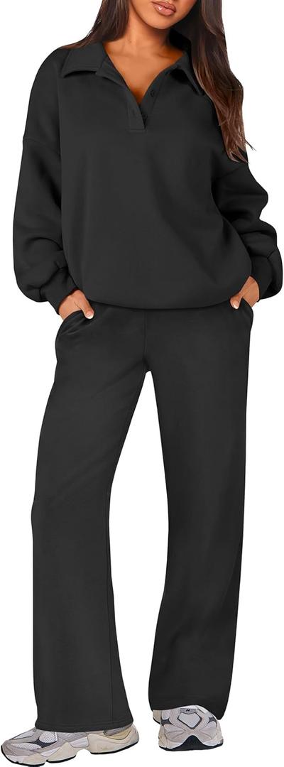 Caracilia Lounge Sets for Women Sweatsuits 2 Piece Outfits Fall Button Oversized Sweatshirt Sweatpants Matching Set Tracksuit Black Medium