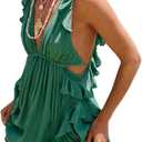 Women's Summer Ruffle Dresses Backless Flowy Swing Cute Dress Sleeveless V Neck Babydoll Mini Sundress (L)