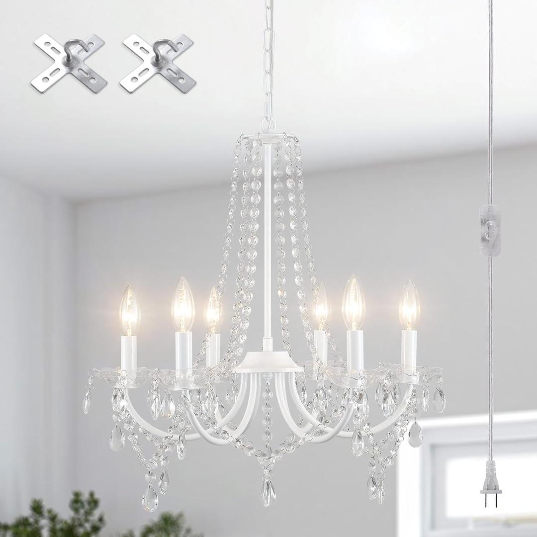 Plug in Crystal Chandeliers Lighting Fixture 6 Light Modern Crystal Chandelier with 15.75feets Plug in Cord White Mini Plug in Chandelier for Dining Room Bedroom Entryway Bathroom Closet (White)