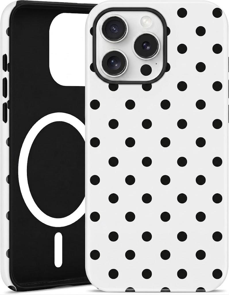 Jusy Compatible with MagSafe Polka Dot Case for iPhone 15, Cute Aesthetic Polka Dots Magnetic Phone Case, Soft TPU and Hard PC Protective Phone Cover for Women Girls (Matte) - White