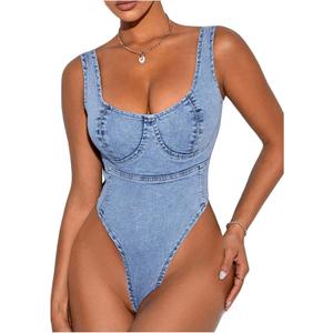 Milumia Women's Scoop Neck Denim Bodysuit Zipper Backless Y2K Going Out Tank Tops (Blue) M