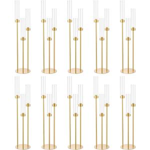 Vincidern 10pcs 3 Arm Candelabra, Gold Candle Holder Centerpieces for Table, 33.8'' Tall Candelabra with Acrylic Lampshade for Wedding Table Centerpiece, Birthday Party, Events Fit LED Taper Candles