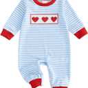 Sasaerucure Infant Newborn Baby boy Valentines day Outfit Heart Embroidery Striped Long Sleeve Romper Jumpsuit (0-3 Months, Blue)