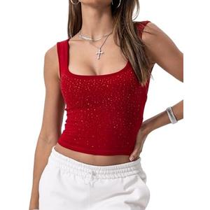 Danysu Women Cotton Rib Tank Top with Built in Bra Square Neck Crop Tank Fitted Basic Tops Diamond Red M