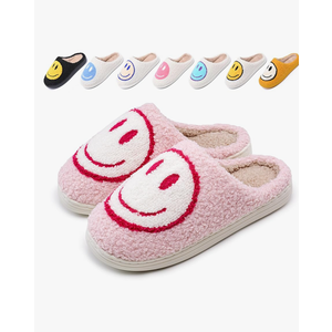 soofylia Cute Smile Face Slippers for Women and Men, Soft Plush Comfy Warm Couple Slip-On House Happy Face Slippers For Winter, Non-Slip Fuzzy Flat Slides in Grey 34-35