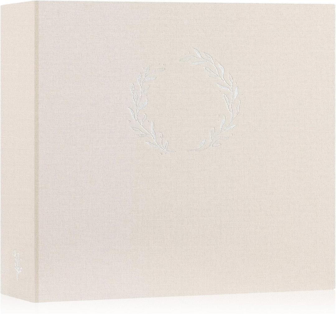 Lanpn Photo Album Scrapbook 12x12, Linen Cover Wreath Design Top Load 3 Ring Folder Binder Photobook Photo Book 12 x 12 inch with 30 Plastic Sleeves 60 Pages Beige