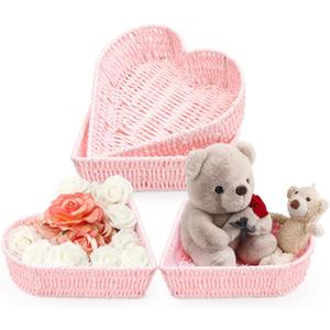 Layhit 4 Pcs Mother's Day Gift Basket Heart Shaped Baskets Woven Heart Bowl Stuffers Storage Mother's Day Serving Platters Trays Valentine Table Decorations for Anniversary Party(Pink)