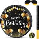 Sinmoe Birthday Piata with Stick Blindfold and Confetti Large Piata for Adult Men Women Birthday Party Supplies Decoration Wedding Anniversary(Black and Gold)