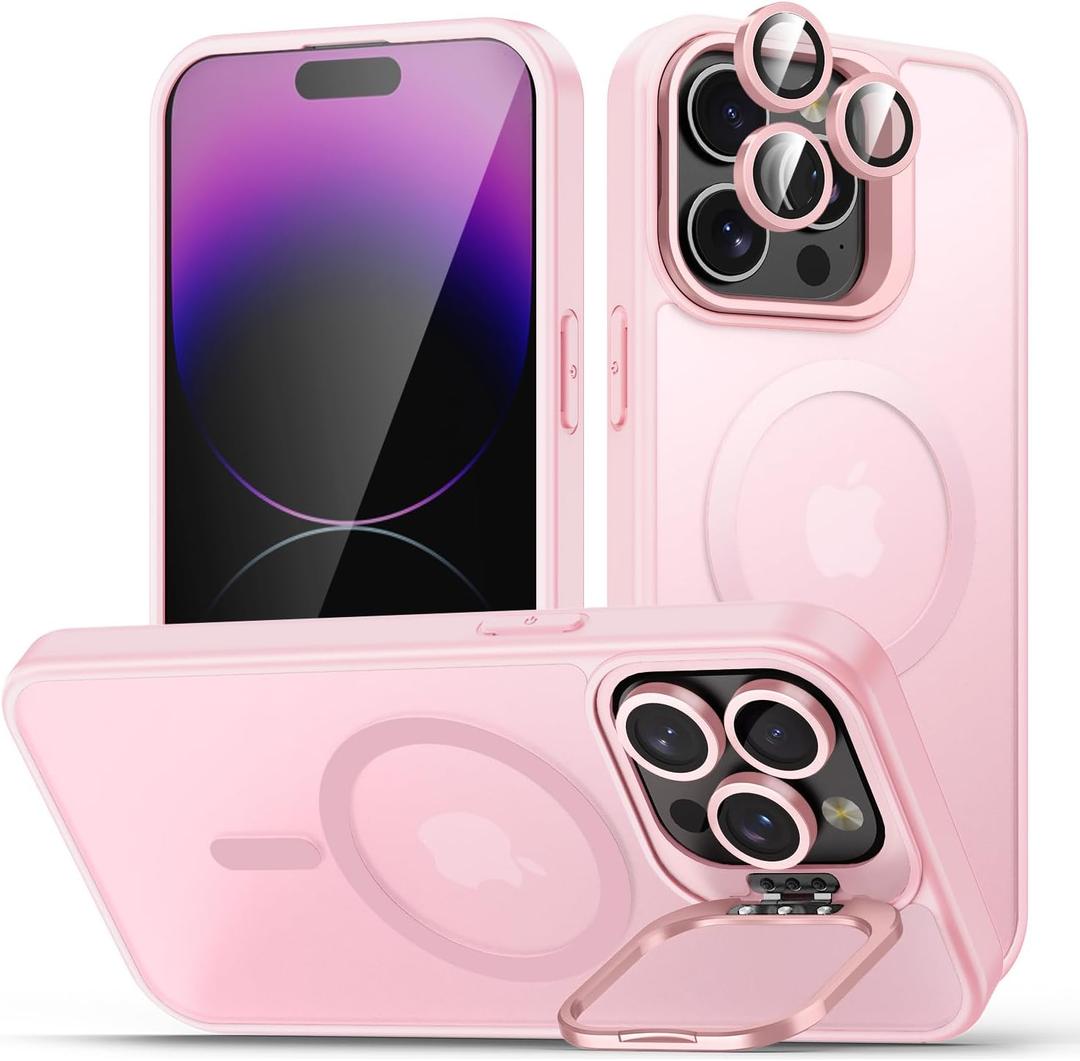 for iPhone 14 Pro Case, Compatible with MagSafe, Built-in Camera Ring Stand, with Individual Camera Cover, Translucent Matte Military-Grade Drop Protection Magnetic Case, Pink
