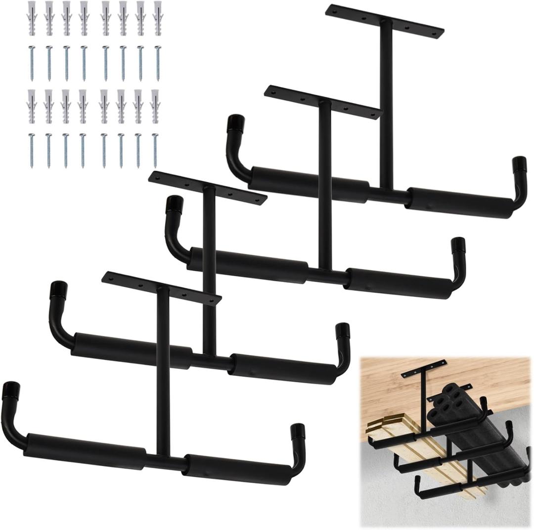 4 Pack Overhead Garage Storage Hooks, 16.5" Heavy Duty Ceiling Mount Hangers, Double T-Bar Metal Ladder Ceiling Racks, Hanging for Bike, Pipe Lumber, Fishing Rod, Sports Equipment