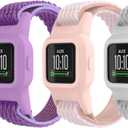 Elastic Bands Compatible with Garmin Vivofit Jr 3 - Colorful Nylon Stretchy Solo Loop Straps with Protective Case - Adjustable Replacement Bands for Girls and Boys (Black+Lavender+PinkSand+White)