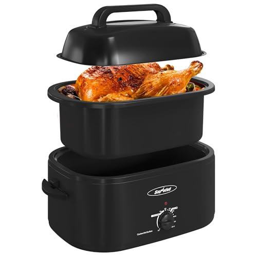 Sunvivi 26 Quart Electric Roaster Oven Turkey Roaster with Lid Electric Roasters with Removable Pan Large Roaster,Visible & Self-basting Lid, Fast Heating & Thaw/warming Setting,Black
