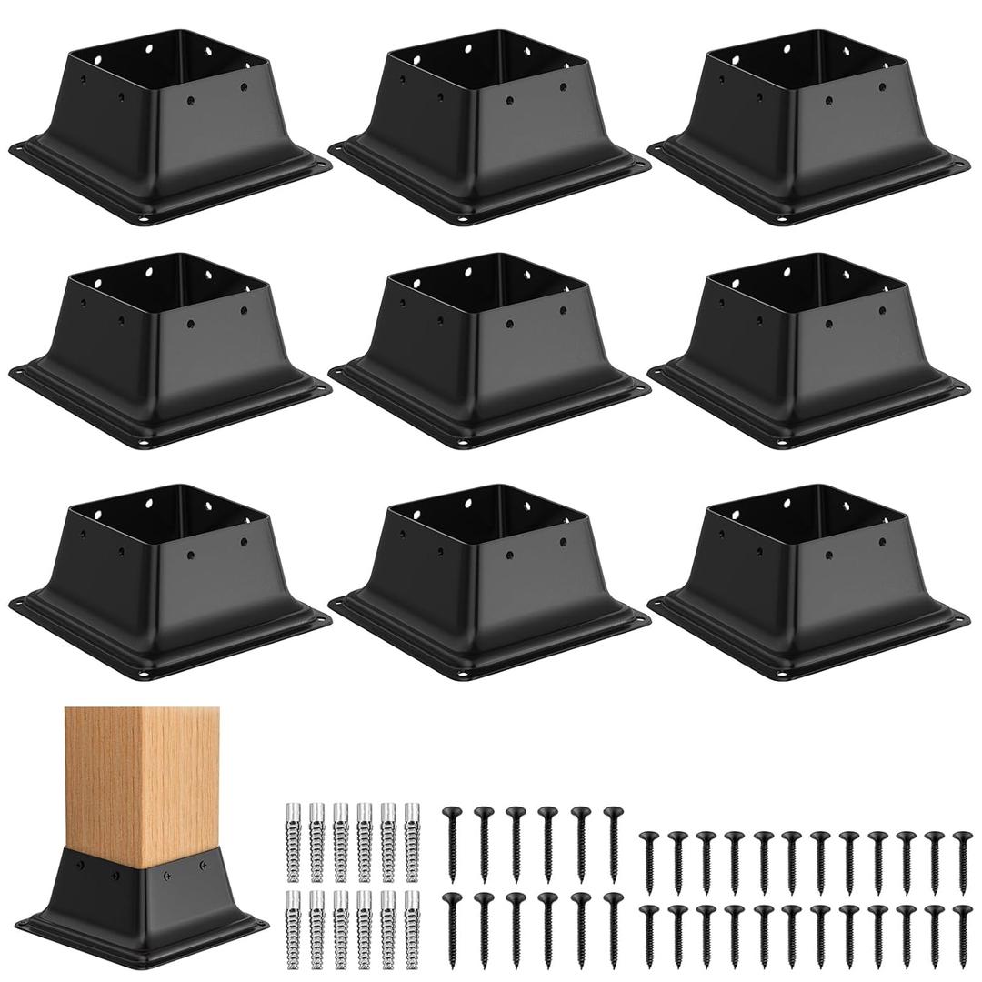 4x4 Post Base 9Pcs, Internal 3.5"x3.5" Heavy Duty Powder-Coated Steel Post Bracket Fit for Standard Wood Post Anchor, Decking Post Base for Deck Porch Handrail Railing Support with Screws