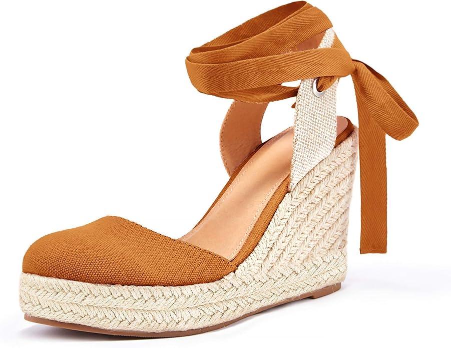Ermonn Womens Espadrilles Wedge Sandals Platform Closed Toe Ankle Strap Lace Up Summer Shoes, Size 7