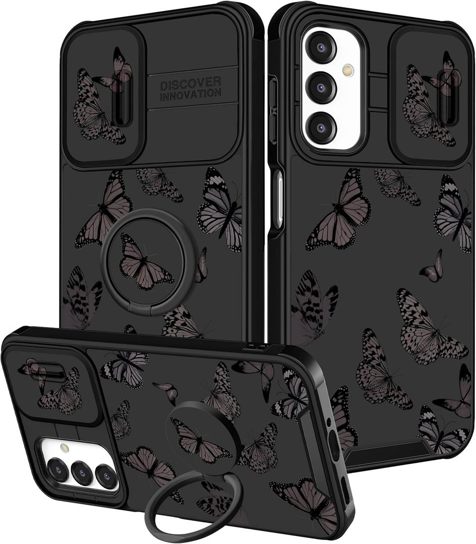 Funermei for Samsung Galaxy A16/A17 5G Phone Case - Women Girls Cute Phone Cover Girly Pretty Aesthetic Black Butterfly Unique Design with Camera Cover Ring Stand Funda for Galaxy A16/A17 5G Case