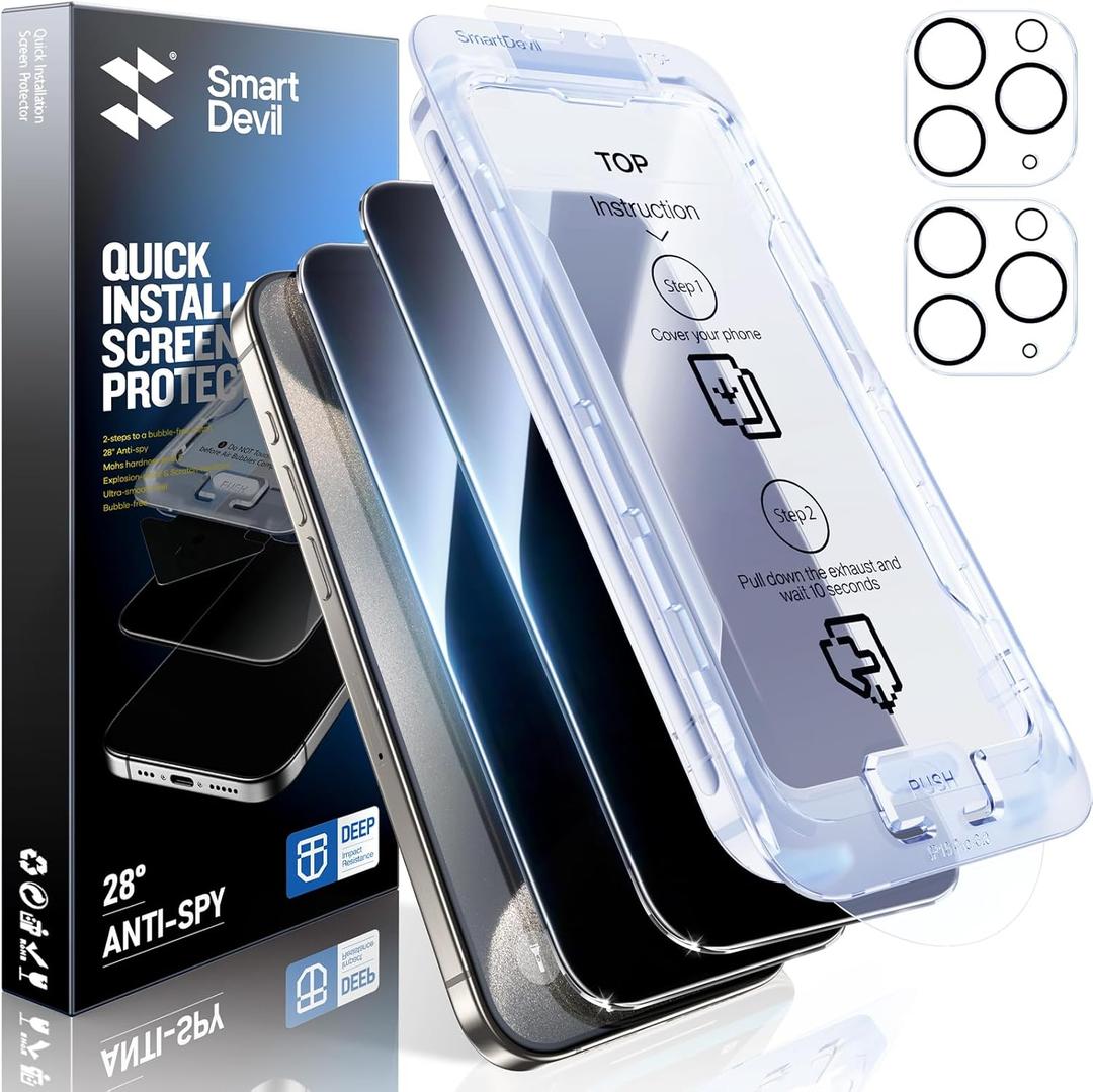 SMARTDEVIL Privacy Screen Protector for iPhone 15 Pro 2 Pack Private Tempered Glass + 2 Pack Camera Lens Protector,28Anti Spy, Bubble Free, Auto-Dust Removal