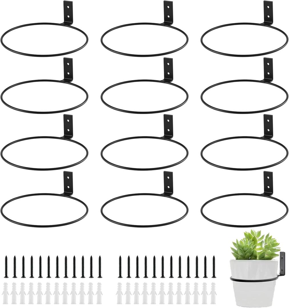 12-Pack 8 Inch Flower Pot Holder Ring Hanging Plant Holder Wall Mount Metal Plant Hangers Indoor Outdoor Planter Hooks Brackets for Patio, Garden, Home, Matte Black