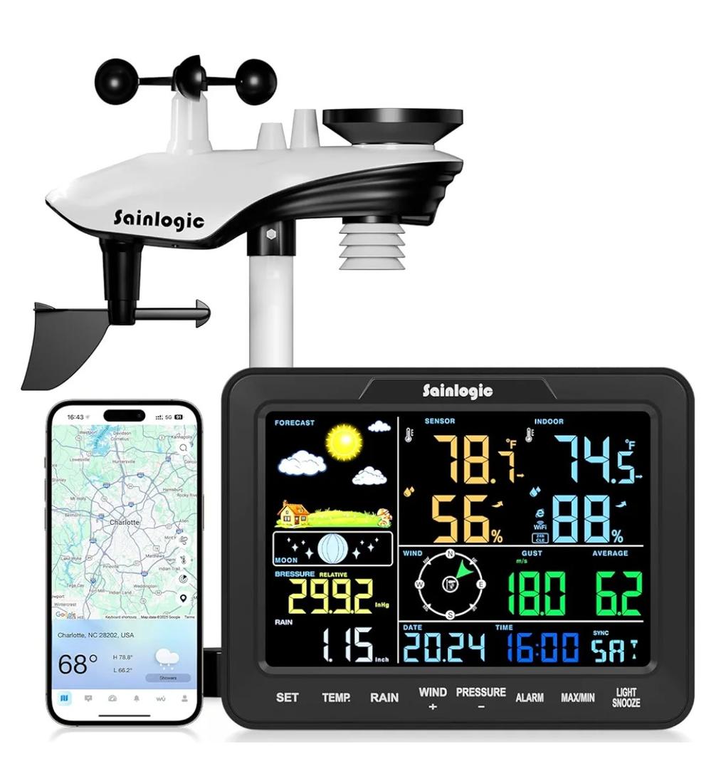 Sainlogic Smart WiFi Weather Stations Wireless Indoor Outdoor SA68 Plus,24/7 AI Weather Forecast by Weatherseed®,APP/Email Alert,Home Weather Station with Rain Gauge,2-Year Data Storage(Only 2.4G)