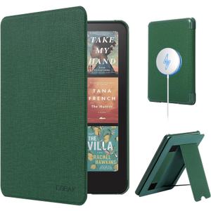 CoBak Lightweight Stand Case for 7" Kindle Paperwhite 12th Gen 2024 and Kindle Colorsoft with Right Hand Strap - Compatible with iPhone MagSafe, for Samsung/Belkin/Anker Wireless Charging Pads (Fabric Dark Green)