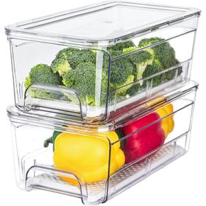 Pull Out Fridge Organizer Drawer, Stackable Refrigerator Storage Bins with Drain Tray and Lid, Clear Fruit and Vegetable Storage Containers Box, for Kitchen Freezer, 2-Pack