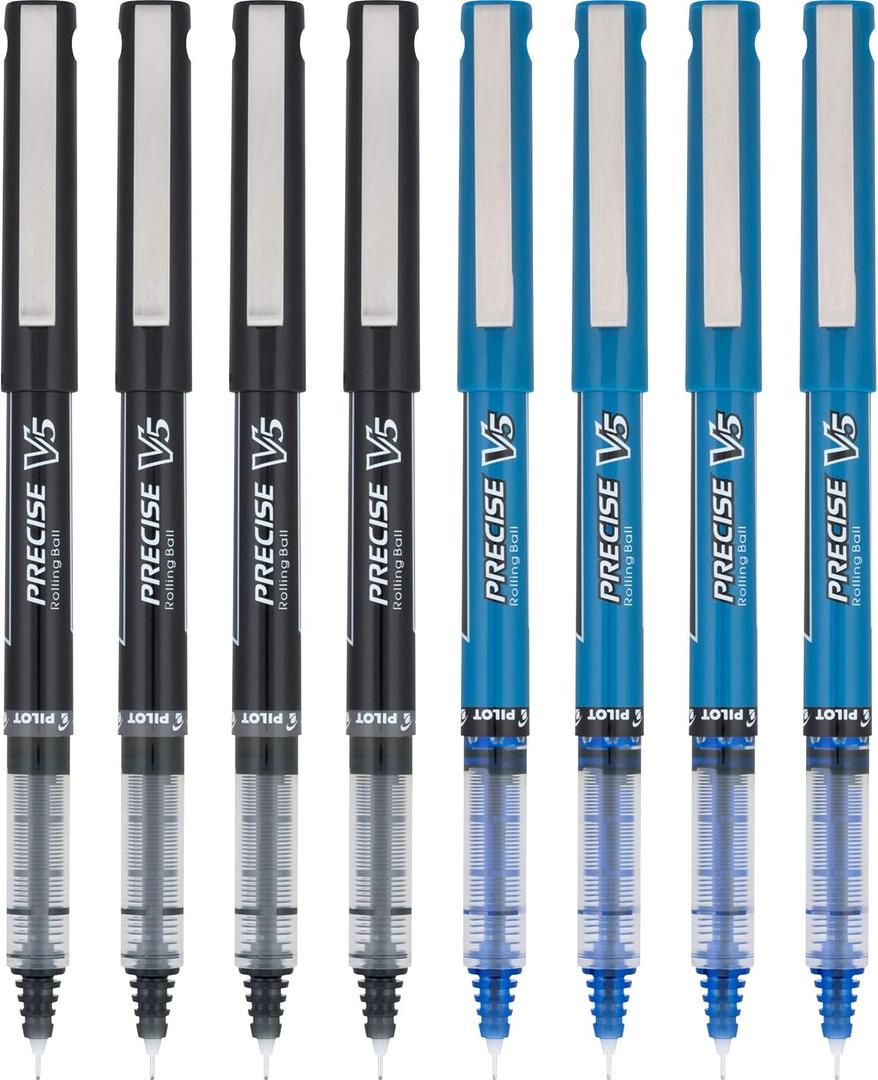 Pilot Precise V5 Rollerball Pens, Extra Fine Point 0.5 mm Black/Blue Pens, Black/Blue, Pack of 8 - Ideal for School, Journaling & Office Writing
