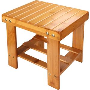 STARVAST Bamboo Shower Stool Small Wood Shower Bench 10 inch Wooden Stool Seat Foot Rest Ideal for for Small Spaces Bathroom Bedside Inside Shower Entryway Shoe Spa Bench