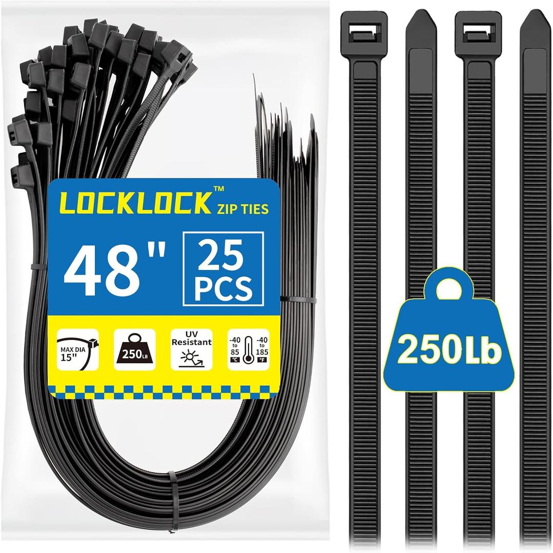 Large Zip Ties Heavy Duty Outdoor 48 inch (25 Pack), Heavy Duty Zip Ties 250 lbs, Black, LOCKLOCK