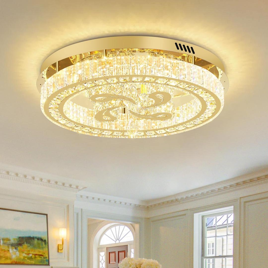 24'' Gold Modern Crystal Chandelier LED Dimmable Flush Mount Crystal Ceiling Light for Living Room Bedroom Dining Room