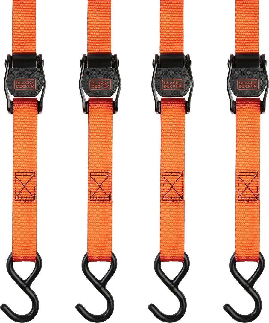 Black+Decker BDX1004 Black/Orange 1" x 10' Cam-Buckle Tie Down Straps - 300 lb Safe Working Load / 900 lb Break Strength, 4 Pack
