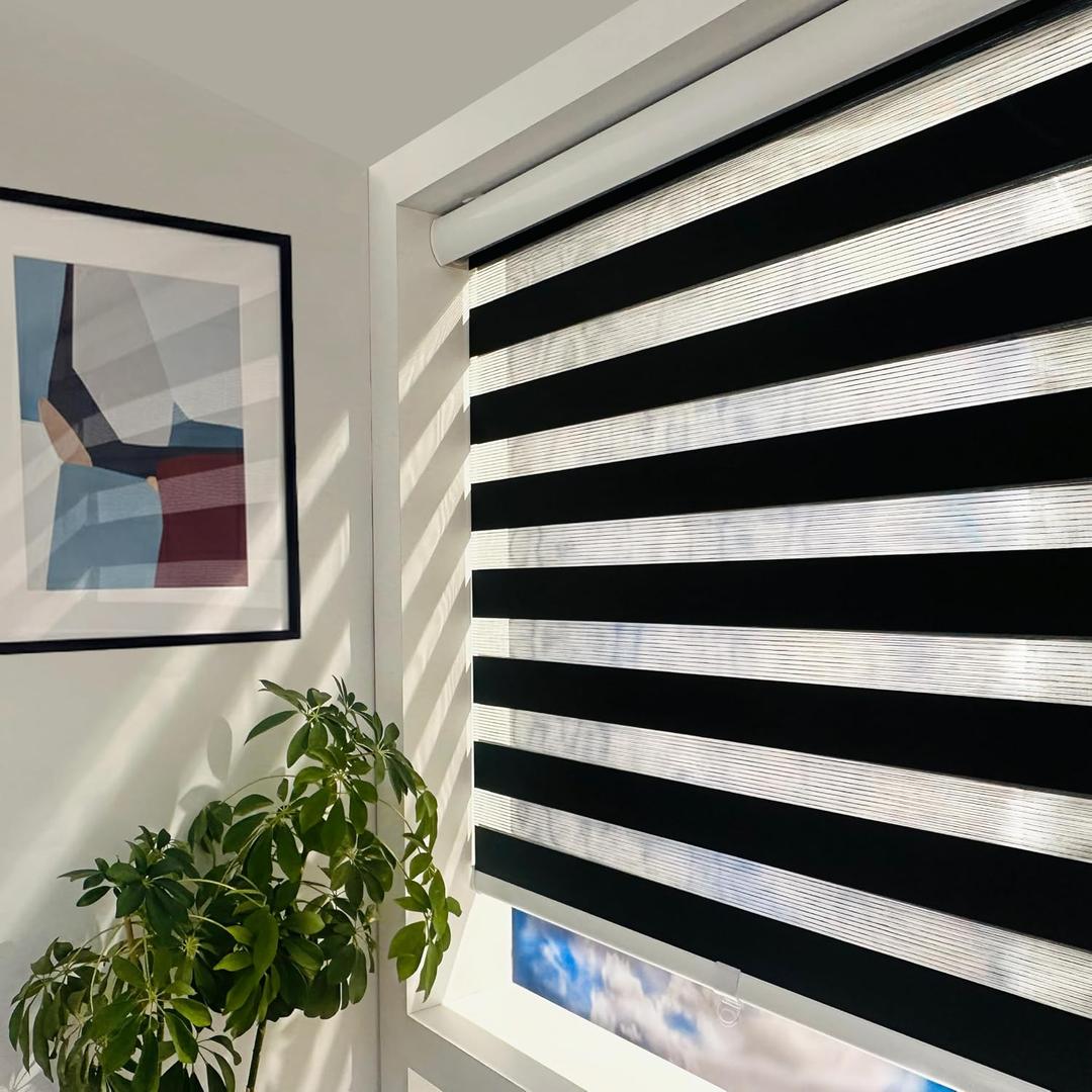 ShadesU Cordless Zebra Blinds Light Filtering Dual-Layer Window Shades for Privacy (Black Color) (Maximum Height 72") (Width 22")