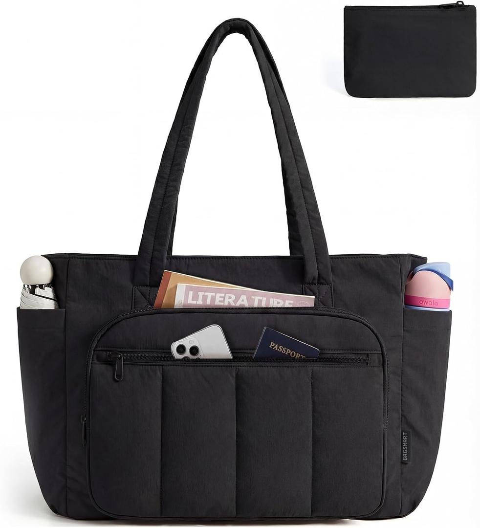 BAGSMART Tote Bag for Women, 2 Set Tote Bag with Zipper, Quilted Nurse Handbags for Work Travel College | 20L Capacity, 15.6'' Laptop Bag, with Cosmetic Bag, Carry on Bag, Nurse Gym Bag (Black)
