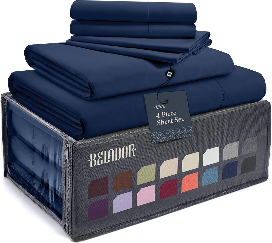 BELADOR Silky Soft Luxury Twin Sheet Set - 4 Piece Bed Sheets with Elastic, Breathable Hotel Pillowcase Set, Wrinkle Free Oeko-Tex (Navy)