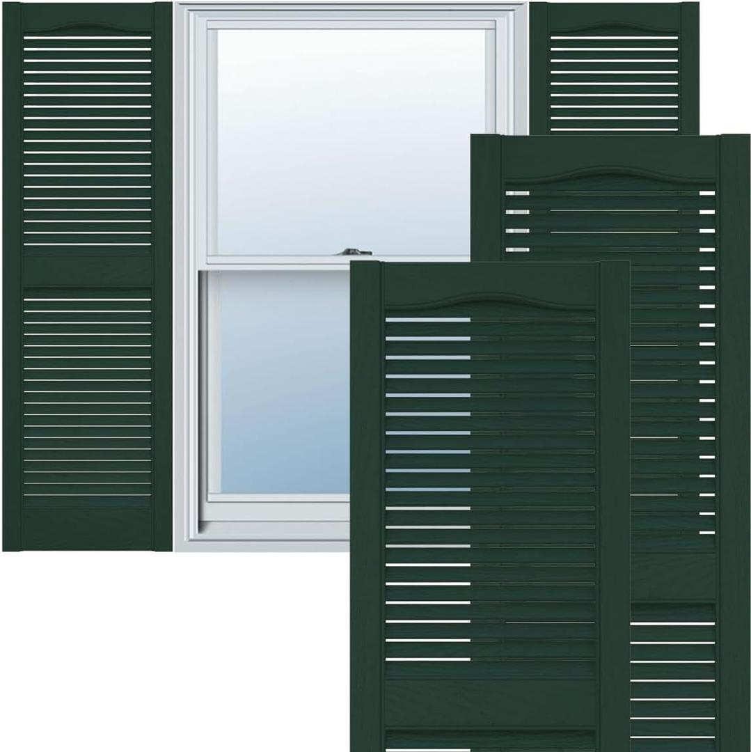 12"W x 25"H Lifetime Vinyl, Standard Cathedral Top Center Mullion, Open Louver Shutters, w/Installation Shutter-Lok's & Matching Screws (Per Pair), Midnight Green