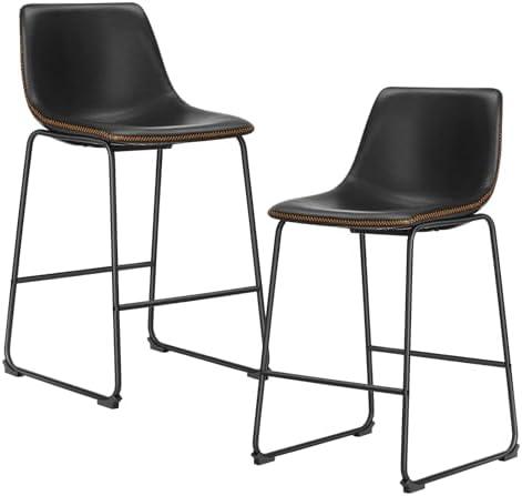 Sweetcrispy Counter Height Bar Stools Set of 2, 26 inch Height Stool Faux Leather Barstools with Back, Armless Kitchen Island Countertop Comfortable Modern Chairs with Metal Legs - Classic Black