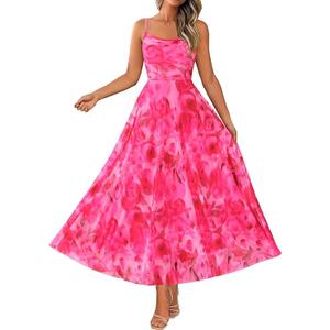 BTFBM Women Summer Floral Maxi Dresses Elegant Spaghetti Strap Dress Printed Party Dress Beach Long Dresses, Pink Big Floral, M