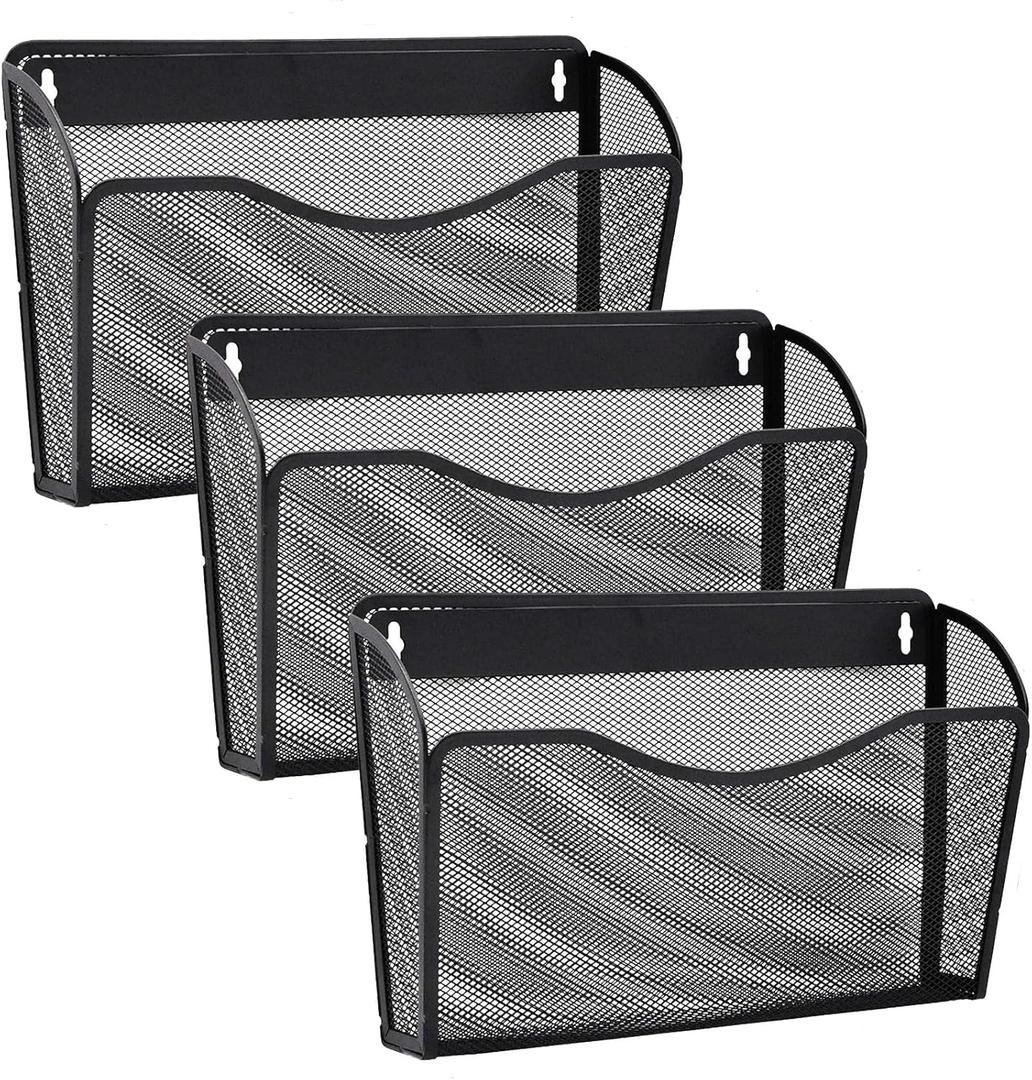 3 Pack Wall File Organizer, Mesh Hanging Metal Vertical Wall Mounted File Holder for Office/Home (Black)