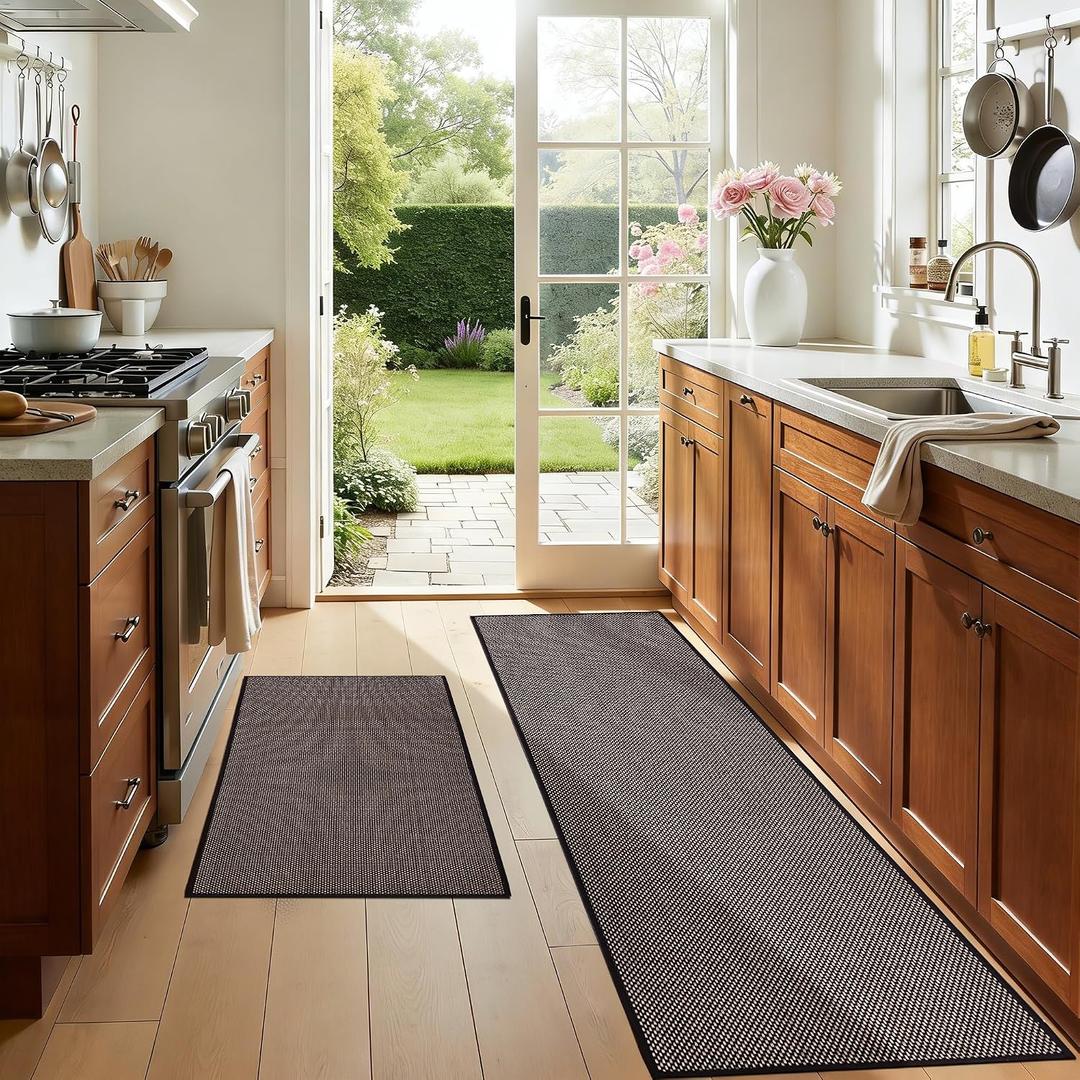 AIMPEAK Kitchen Rugs Non Slip Washable Set of 2 PCS, Cushioned Rugs for Kitchen Floor, Absorbent Runner Rug Comfort Mats with Rubber Backing for Hallway, Office, Home Brown and Black, 24"x36"+24"x60"