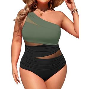 Aqua Eve Plus Size One Piece Swimsuit for Women Tummy Control Bathing Suits One Shoulder Swimwear 18W