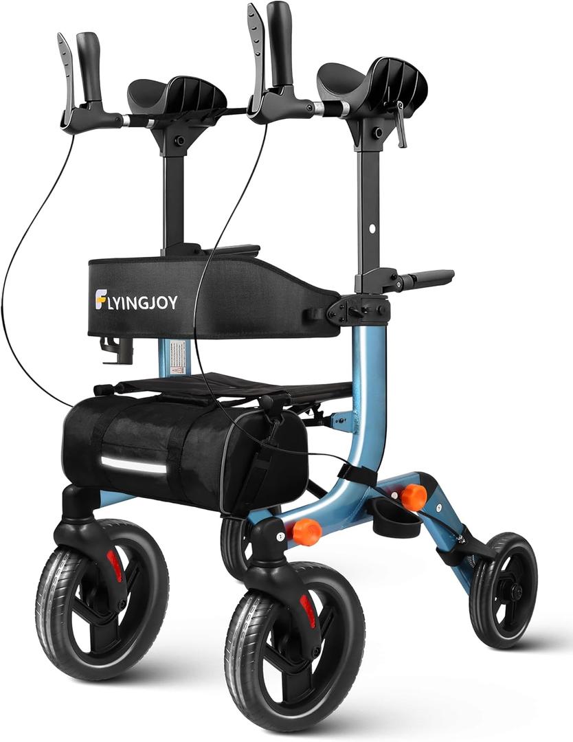 Lightweight Upright Rollator Walker All-Terrain Foldable with seat and Adjustable Height backrest, 300 lbs Capacity, 10" Front & 8" Rear Wheels for Seniors, Adults, bariatric, Includes Cane Holders