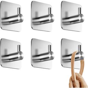 Adhesive Towel Hooks for Bathrooms, Set of 6 - Stainless Steel Self-Adhesive Robe Rack, Durable Adhesive Wall Hooks - Sticky Towel Holder, Peel and Stick Without Drilling (Silver)