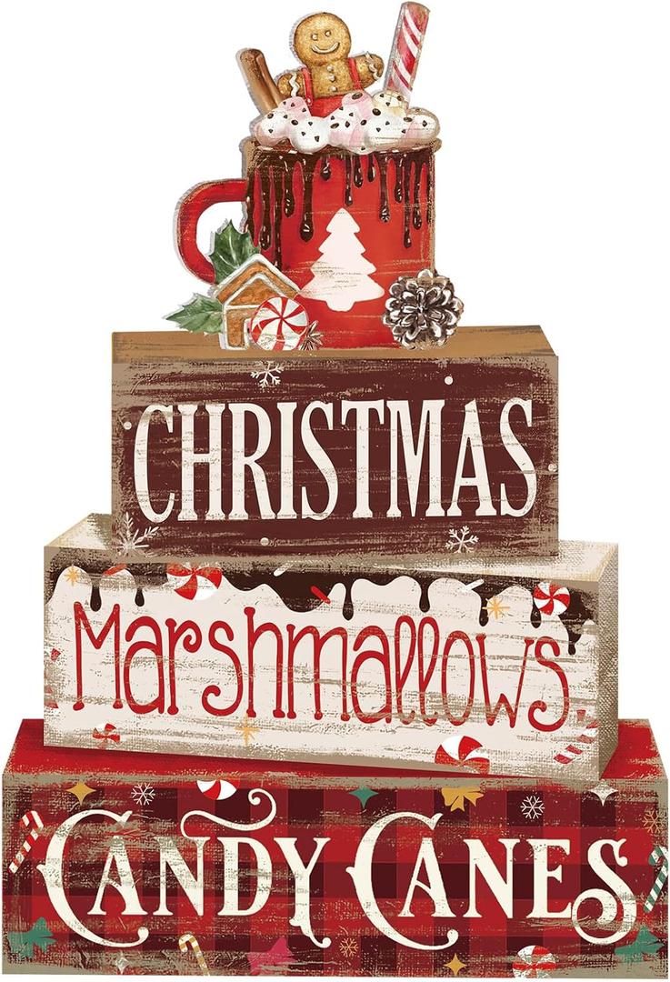 Moucuny 4 Pcs Christmas Hot Cocoa Table Decor Christmas Wooden Decorative Signage Hot Cocoa Tiered Tray Decor Xmas Centerpieces Farmhouse Wooden Block Set Xmas Table Sign for Home