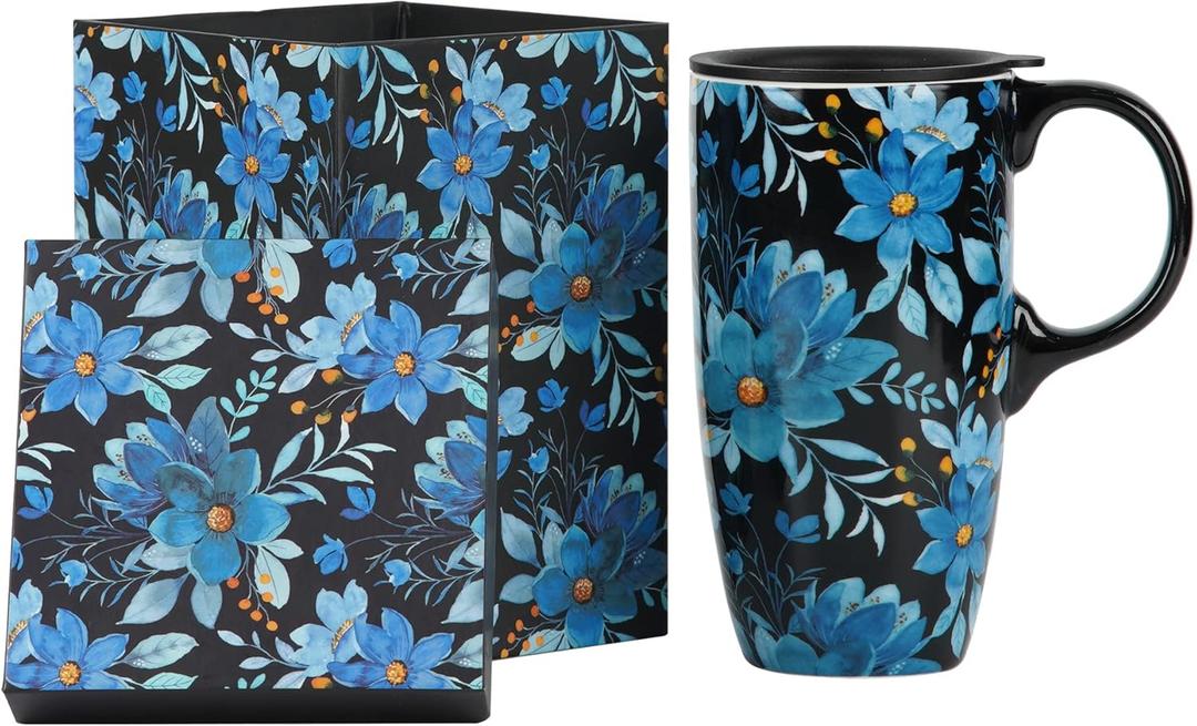 Topadorn Ceramic Mug Blue Flower Porcelain Coffee Mug with Gift Box,17oz. Blue Flower