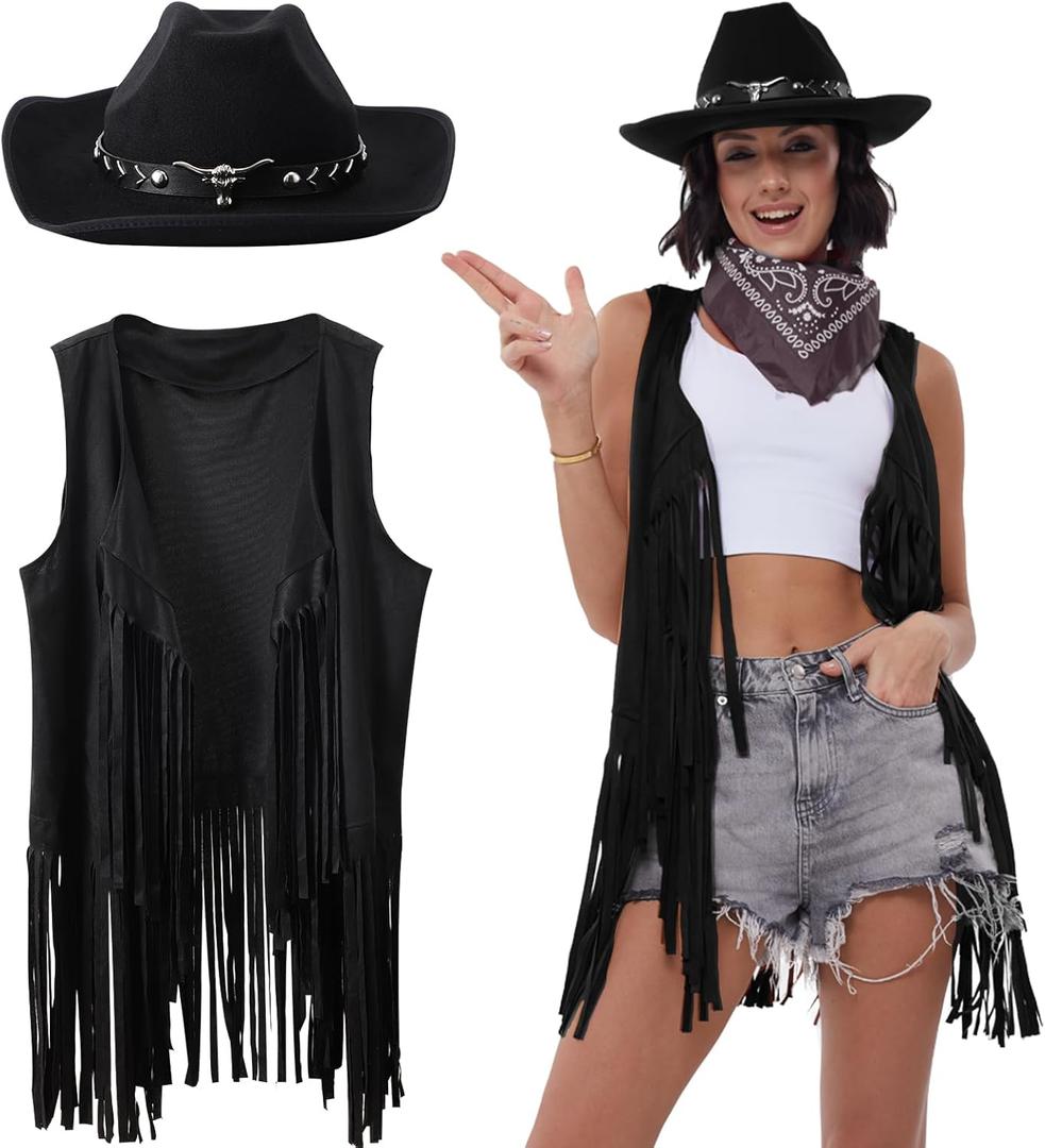 Western Outfits for Women Cowgirl Tassel Sleeveless Vest Cowboy Hat and Paisley Bandana (Small, Black)