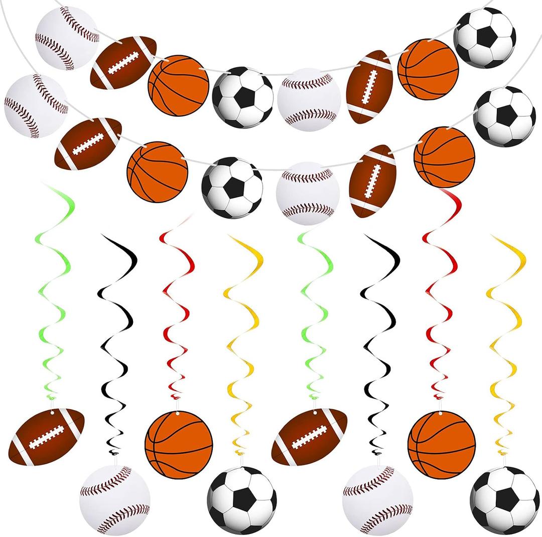 18 Pcs Sports Party Decorations 2 Sport Theme Banner Garland 16 Sport Hanging Swirl Basketball Football Soccer Baseball Paper Sports Birthday Party Decorations