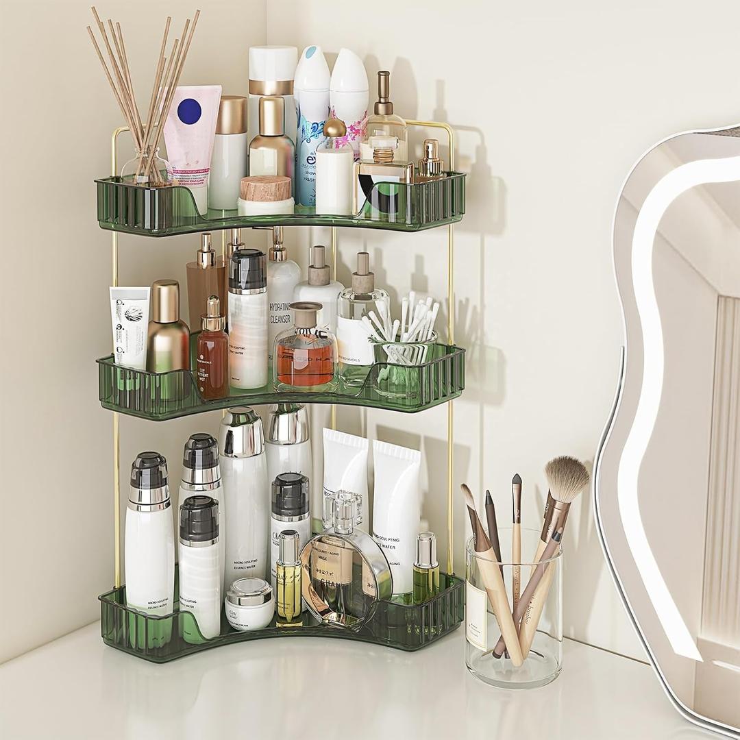 Webetop Corner Bathroom Counter Organizer, Bathroom Makeup Countertop Organizer, Corner Storage Organizers for Vanity, BathroomDresser, Cosmetic, Kitchen Spice Rack (3 Tier, Green)