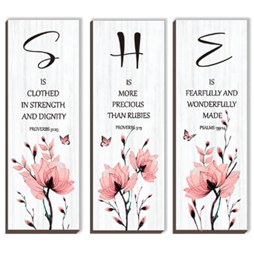 DONFENTHY 3 Pieces Inspirational Pink Floral Wall Decor Wooden Hanging Wall Art Christian Quotes SHE Word Sign Gift for Girl Teen Women Bedroom Bathroom Living Room Nursery Office (Pink 12x4 Inch)
